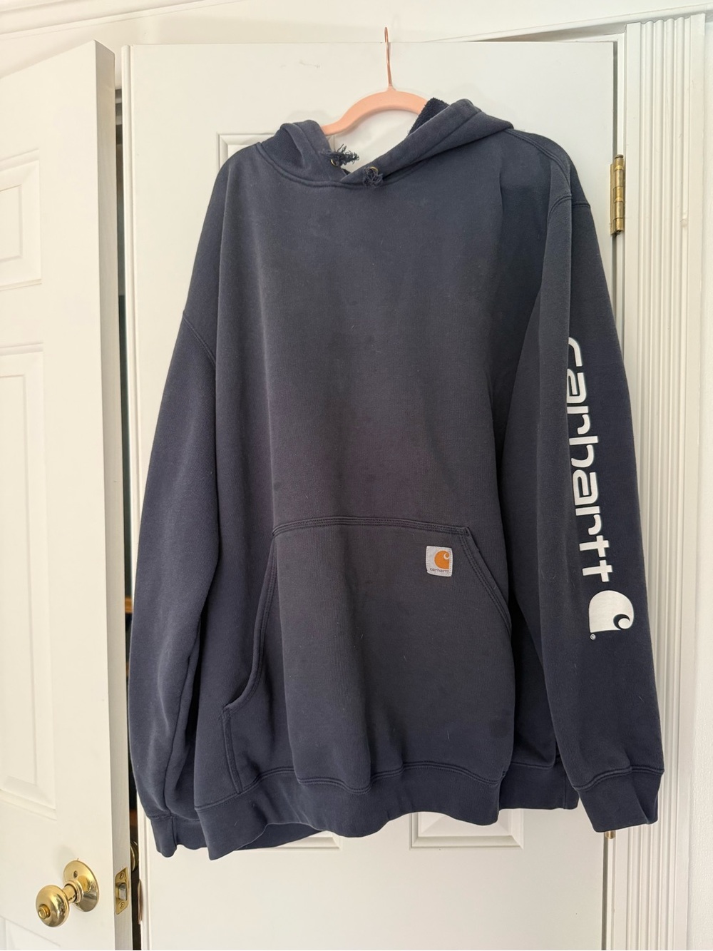 Carhartt Men's Hoodie Sweatshirt - Dark Navy with White Sleeve Logo